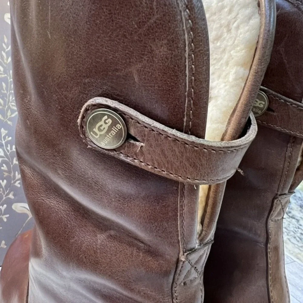 UGG Australia 1958‎ Brown Leather Fold Over Sheepskin Boots Womens sz 7 EU 38